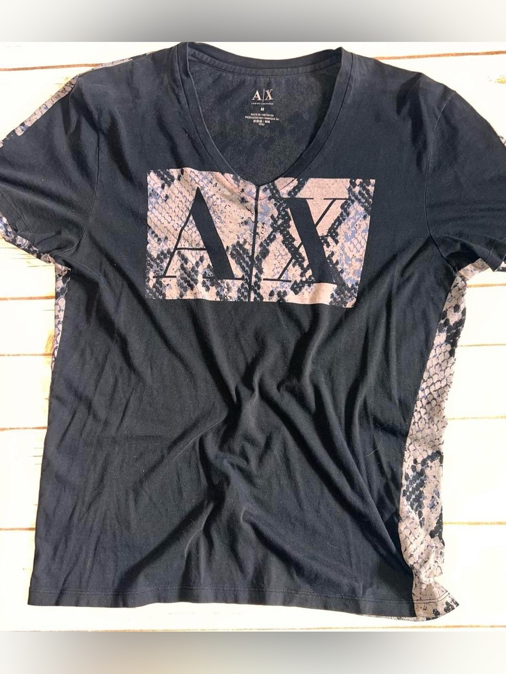A/X Armani Exchange Black Tee with Beige Snake Print Logo